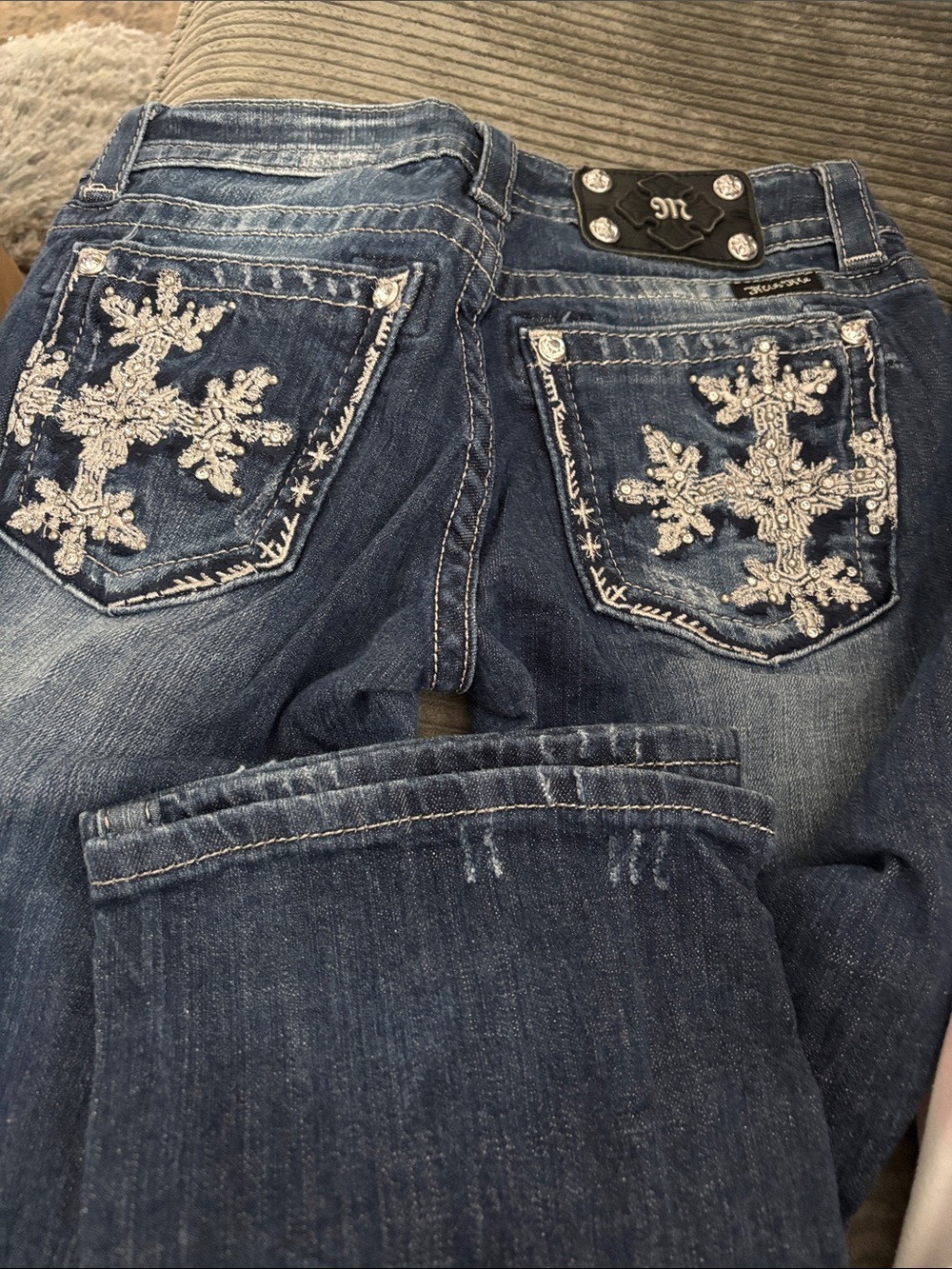 Miss Me Blue Denim Boot Cut Jeans with White Embroidered Pockets